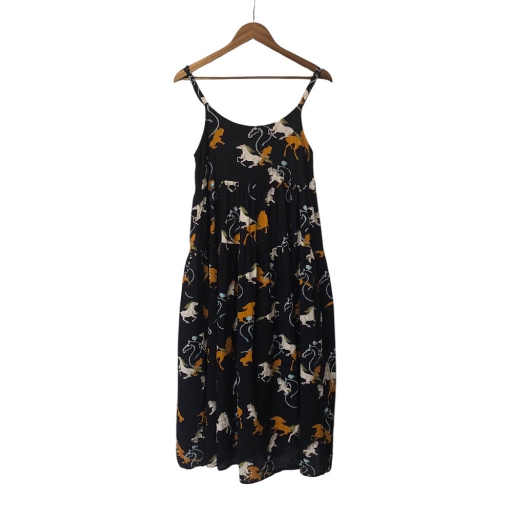YesNo Navy Horse Art All Over Print Spaghetti Strap Tiered Maxi Dress
